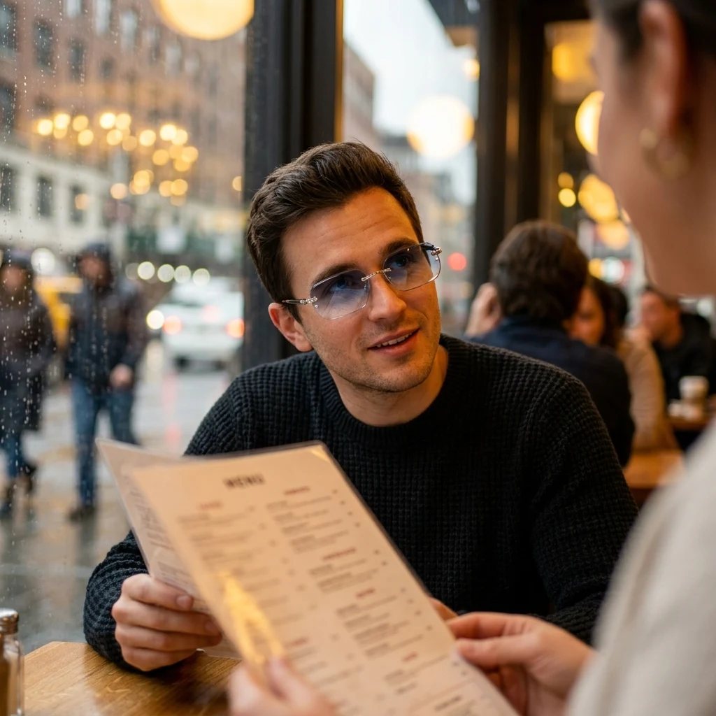 Man wearing BlueLume glasses reading a restaurant menu